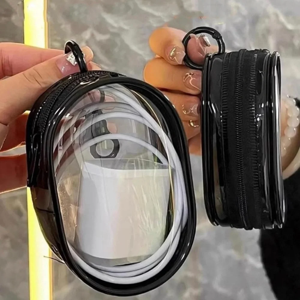 💞 New Small Black Transparent Keychain Charging Cable Storage Bag
